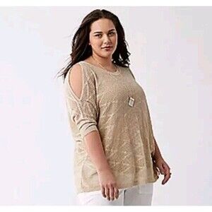 Lane Bryant Metallic Cold‎ Shoulder Sweater Top Gold Oatmeal Plus 18/20 Women's